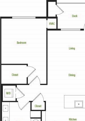 A2-A/B – 1 Bedroom 1 Bath Floor Plan Layout – 748 Square Feet
